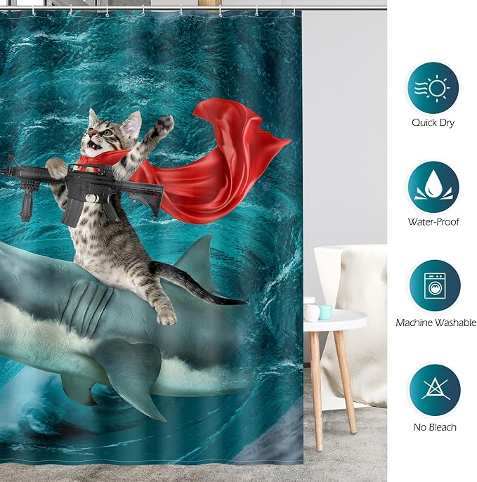 Aimego Funny Shark Cat Shower Curtain - Cute Cat Riding Shark in Ocean Fun Shower Curtains Set with 12 Hooks for Adults Bathroom Decor Accessories, 72"x72", Blue Red