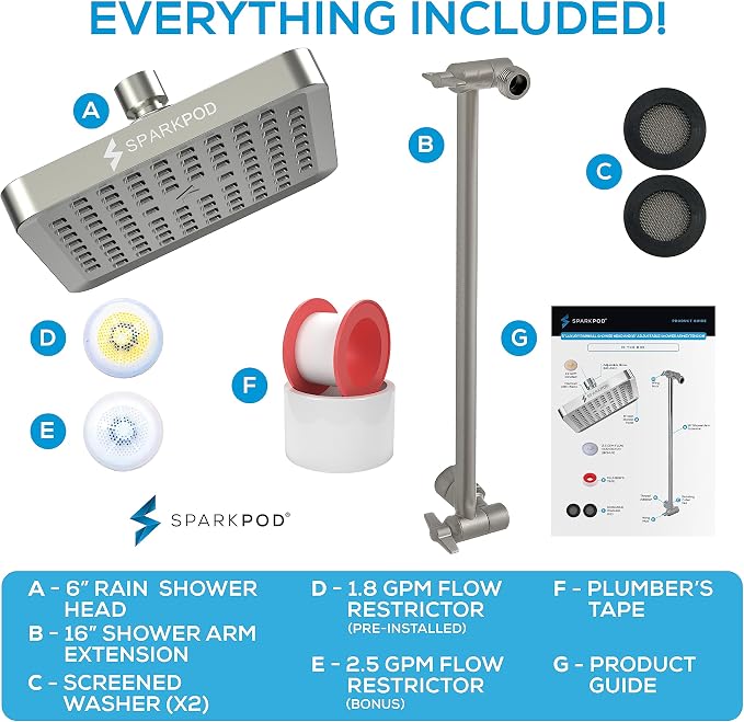 SparkPod 6" Square Rain Shower Head with 16" Shower Arm | Shower Head & Extension Arm Combo, Height Adjustable, High Pressure Performance, Easy 1-Minute Installation, Brushed Nickel