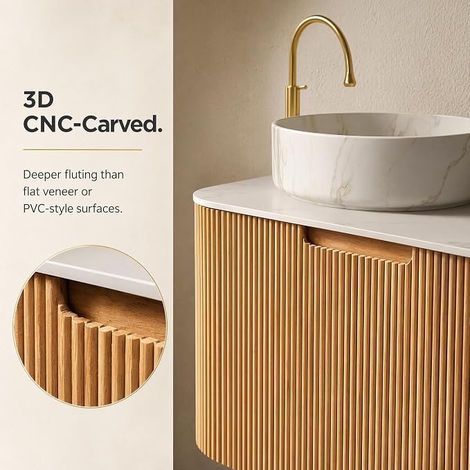 60 Inch Double Sink Bathroom Vanity, Floating Wall Mounted Cabinet, Natural Woodgrain Curved Fluted Front, Stone Top, Dual Marble-Look Round Vessel Basins, Pre-Assembled