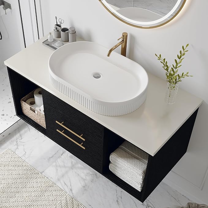 40 inch Modern Floating Bathroom Vanity with Counter Top Sink Combo, Wall Mounted Bathroom Cabinet with Oval Ceramic Sink, 2 Soft Closing Drawers & Open Storage Shelf, Black