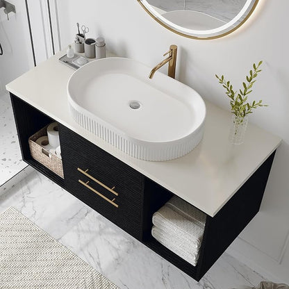 40 inch Modern Floating Bathroom Vanity with Counter Top Sink Combo, Wall Mounted Bathroom Cabinet with Oval Ceramic Sink, 2 Soft Closing Drawers & Open Storage Shelf, Black
