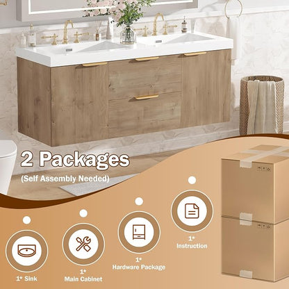 60'' Floating Bathroom Vanity with Sink, Wall-Mounted Cabinet with Handle | 2 Drawer & 2Doors, SMC Resin Top Undermount Basin, Soft-Close, MDF Cabinet for Large Bathrooms, Hotels, Office Buildings