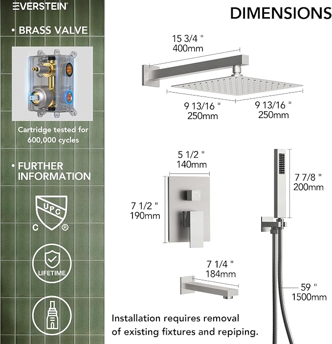 Shower Tub Faucet Set, 10" Bathroom Rainfall Shower Head Fixtures Combo with Handheld Spray and Tub Spout, Brushed Nickel (Valve Included)