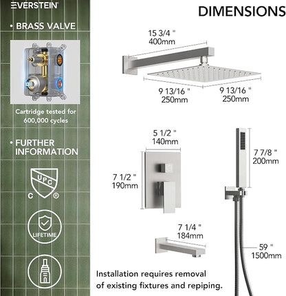 Shower Tub Faucet Set, 10" Bathroom Rainfall Shower Head Fixtures Combo with Handheld Spray and Tub Spout, Brushed Nickel (Valve Included)