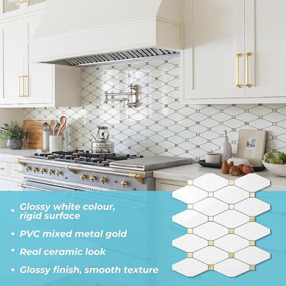 STICKGOO 1 Sheet Peel and Stick Backsplash, Glossy White PVC Mixed Metal Gold Kitchen Backsplash, Stick on Wall Tiles for Kitchen, Bathroom, RV