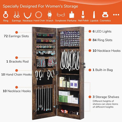 GISSAR Full Length Mirror Jewelry Cabinet, 6 LEDs Jewelry Armoire Wall Mounted Over The Door Hanging, Jewelry Organizer Display Storage Furniture with Lights Locker Mirrored Cabinet, Vintage Brown