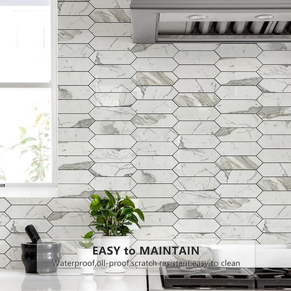 Vamos Tile Glossy Carrara White Backsplash Tile Peel and Stick, 12.8 x 12.8 Inch 10 Sheets Long Hexagon PVC Self Adhesive Mosaic Wall Tiles Stick on Backsplash for Kitchen and Bathroom
