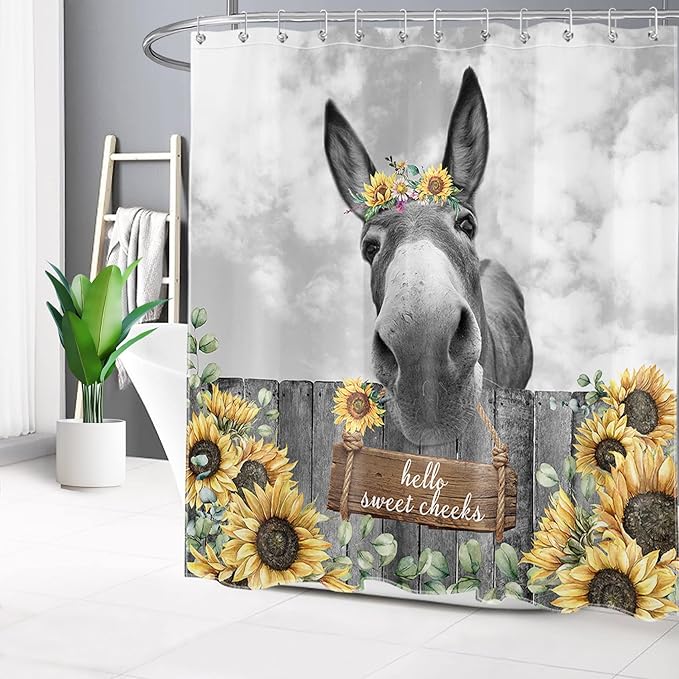HVEST Farmhouse Donkey Shower Curtain with Hooks, Funny Western Animal and Sunflower on Fence Shower Curtain for Bathroom, Yellow Floral with Green Leaf Plant Bathroom Shower Curtain Set, 72X78 inches