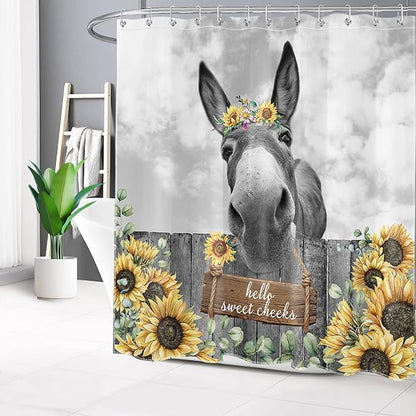 HVEST Farmhouse Donkey Shower Curtain with Hooks, Funny Western Animal and Sunflower on Fence Shower Curtain for Bathroom, Yellow Floral with Green Leaf Plant Bathroom Shower Curtain Set, 72X78 inches