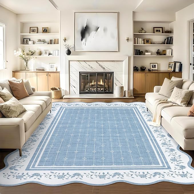 Garvee Washable Rugs for Living Room 8x10 Area Rugs Scalloped Rug Blue | Modern Bordered Non Slip Large Kids Bedroom Carpet Indoor Stain Resistant Floor Cover for Bedroom Dining Room Office Nursery