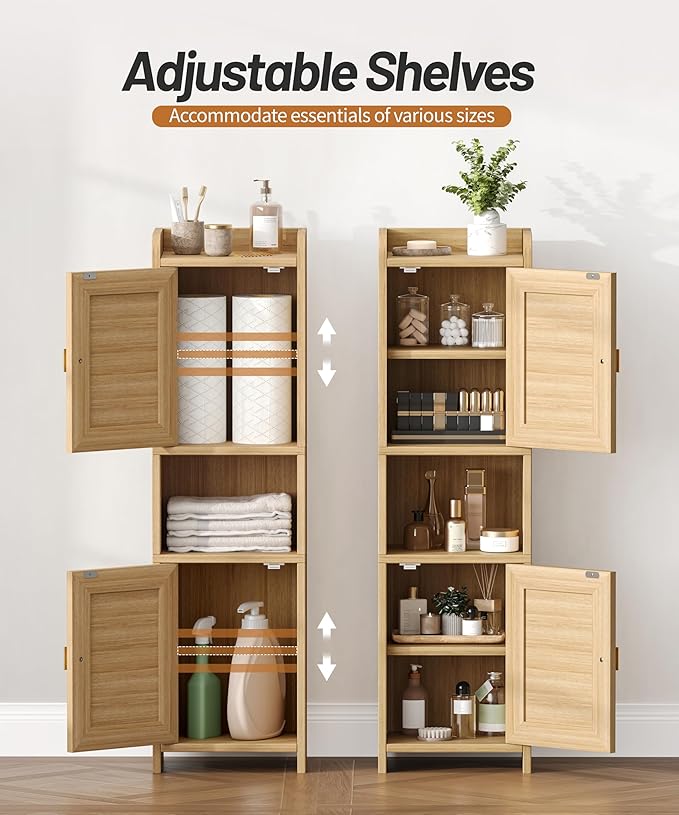 Rattan Small Bathroom Cabinet with 2 Doors, 7.9''D x 9.8''W x 34.8" H Narrow Floor Cabinet with Adjustable Shelf, Bathroom Organizer for Small Spaces, Wooden Corner Unit, Natural Oak