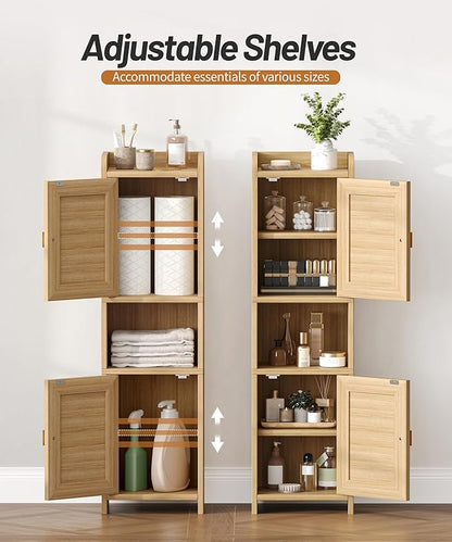Rattan Small Bathroom Cabinet with 2 Doors, 7.9''D x 9.8''W x 34.8" H Narrow Floor Cabinet with Adjustable Shelf, Bathroom Organizer for Small Spaces, Wooden Corner Unit, Natural Oak