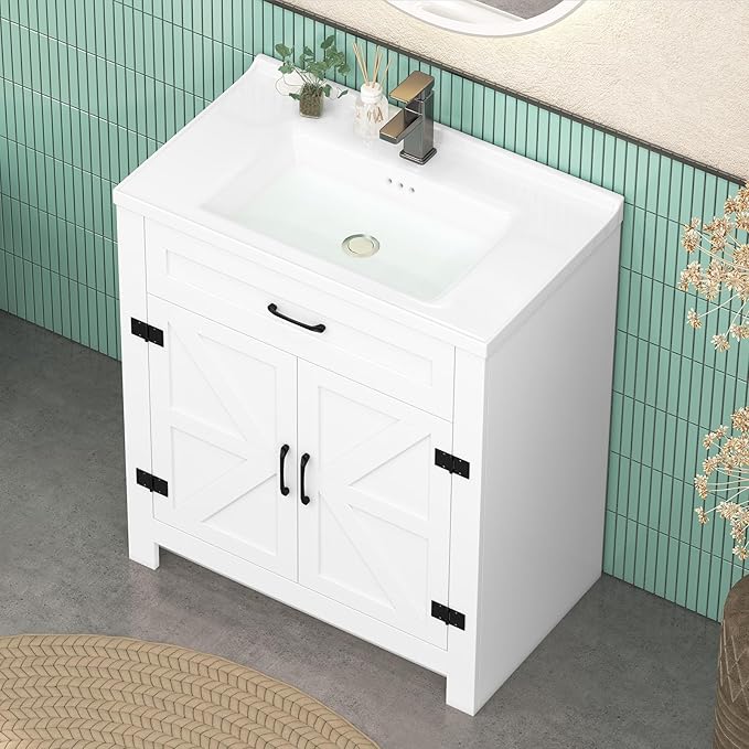 32 Inch Bathroom Vanity with Sink, Bathroom Vanity Cabinet with Single Sink, White Bath Vanities with 2 Barn Doors (19" D x 32" W x 36" H)