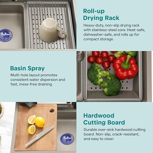 SereneLife Stainless Steel Kitchen Sink | Undermount & Drop-In Installation |13 Gauge & 30"L x 18"W x 9"H IN | Includes Faucet, Drain Rack, Strainer Basket, Cutting Board & Cup Washer | Gray