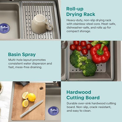 SereneLife Stainless Steel Kitchen Sink | Undermount & Drop-In Installation |13 Gauge & 30"L x 18"W x 9"H IN | Includes Faucet, Drain Rack, Strainer Basket, Cutting Board & Cup Washer | Gray