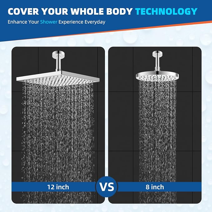Hibbent cUPC Certified Metal High Pressure 12'' Rain Shower Head, Chrome | Thickness Showerhead, Square Large Bathroom Rainfall Shower Head, Adjustable Brass Ball Joint, Waterfall Full Body Coverage