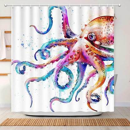 Novelty Summer Shower Curtain Octopus, Nautical Beach Shower Curtain Kraken Ocean Waterproof Polyester Fabric Machine Washable Kids Bathroom shower curtains Decor Bath Curtains with Hooks, 72 x 72