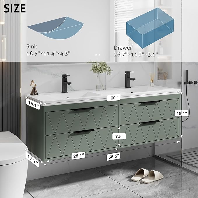 eclife 60" Bathroom Vanities Cabinet with Sink Combo, Wall Mounted Floating Cabinet W/Decor Line, Soft-Close System, 4 Extra Big Drawers, Matte Black Faucet, Gray Green