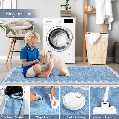 Garvee Entryway Rug 3x5 Washable Bordered Modern Rug Foldable Low Pile Blue | Stain-Resistant Carpet Ultra Soft Non Slip Lightweight Rugs Indoor Non-Shedding Mat for Kitchen Bedroom Nursery Entrance