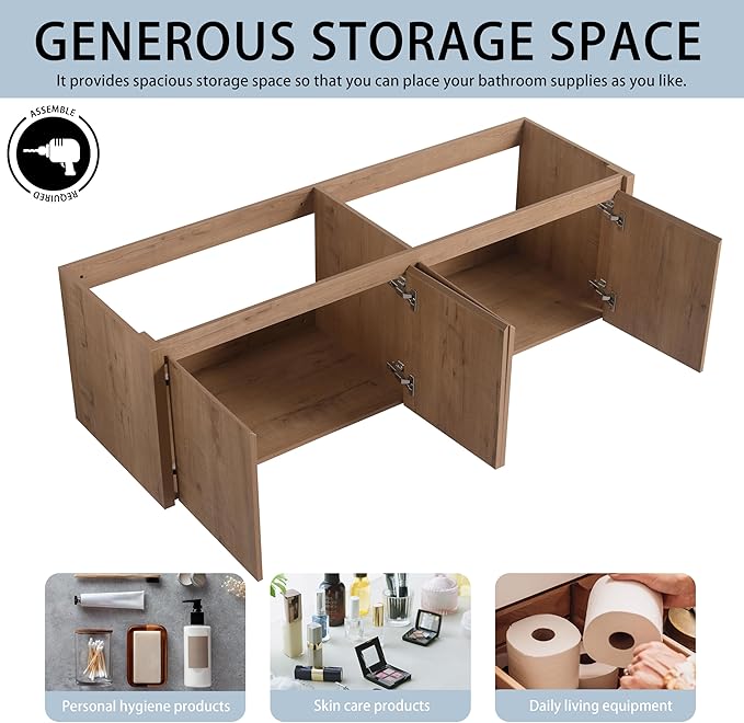 60" Floating Bathroom Vanity,60 Inch Bathroom Vanity Without Top Sink,Modern Floating Vanity Cabinet,Brown Wall Mounted Cabinet with Soft Closing Doors,Plywood(Sink Basin Not Included)