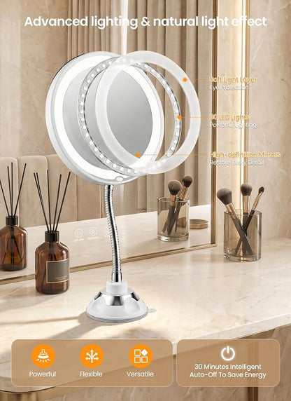 10x Makeup Mirror with Lights, Magnifying Mirror 3 Light Modes Silver | Wall-Mounted Lighted Vanity Makeup Mirror, Cordless Battery Operated LED Mirror with Suction Cups for Shower Bathroom
