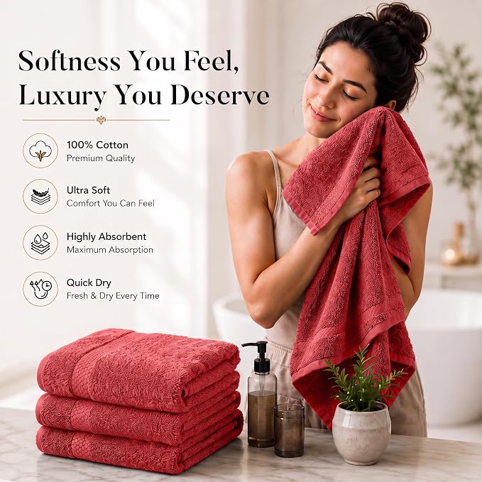 DAN RIVER 600 GSM Cotton Large Bath Towels Set of 4, 27 x 54 Inches, Red | Larger & Lighter Weight Towels for Bathroom - Highly Absorbent & Quick Dry 100% Cotton Bath Towel Set for Home, Spa & Hotel