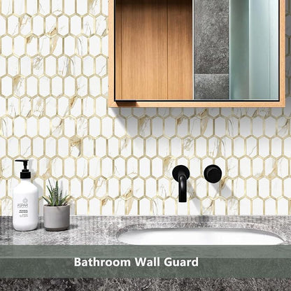Vamos Tile Long Hexagon Peel and Stick Tile Backsplash - 10 Sheets Stick on Backsplash for Kitchen and Bathroom Calacatta Gold Mixed Metal Light Gold PVC Self Adhesive Mosaic Wall Tiles(Seamless)