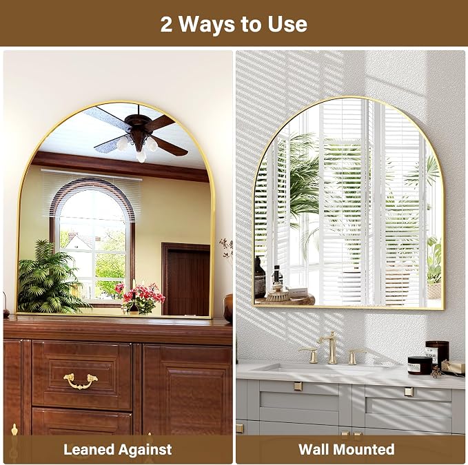 XRAMFY Arched Bathroom Mirror 32" x 34" for Bathroom Vanity Mirror or Wall Decor Gold Arch Mirror Aluminum Alloy Frame Wall Mounted Mirror for Living Room Bedroom Entryway