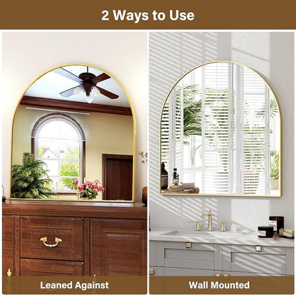 XRAMFY Arched Bathroom Mirror 32" x 34" for Bathroom Vanity Mirror or Wall Decor Gold Arch Mirror Aluminum Alloy Frame Wall Mounted Mirror for Living Room Bedroom Entryway