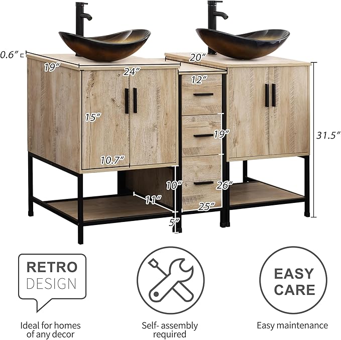 UEV Rustic 60" Double Sink Bathroom Vanity with Sink Combo,Industrial Iron Frame Bathroom Cabinet Sets with Middle 3 Drawers Cabinet (Rustic Oak, 029CH)