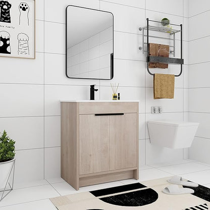 30'' Freestanding Bathroom Vanity, 30 Inch Floor Stand Bathroom Vanity with Sink, Single Ceramic Sink Cabinet Set, Modern Storage Cabinet, with Soft Closing Door, 02430PLO+BL9075B