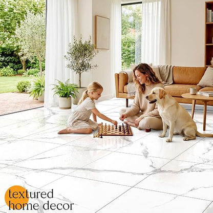DEXDE Peel and Stick Floor Tile 18x18 Marble Vinyl Flooring Waterproof 30PC | Floor Tiles Peel and Stick Waterproof, Self Adhesive Floor Tiles, Sticky Floor Tiles Bathroom Floor Tiles 1.5FTx1.5FT White