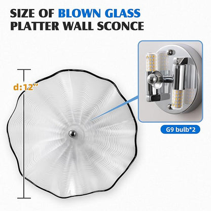 White Glass Wall Light Dia 12" Wall Lamp with Murano Glass Shade Vintage Vanity Lighting Fixture with Metal Base Flush Mount Wall Sconce 2-Light for Bathroom, Bedroom, Bedside, Entryway