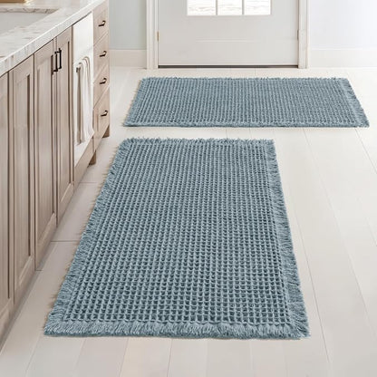 MIULEE Set of 2 Waffle Bathroom Rugs Boho Bath Mat Dusty Blue 18x30 Inch | Non Slip, Super Absorbent, Washable, Ultra Soft, Rubber Backed Bath Rugs for Bathroom Floor Tub Shower