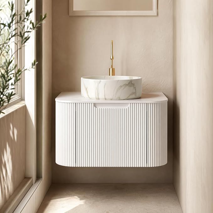 24 Inch Bathroom Vanity with Sink, Floating Wall Mounted Single Sink Vanity for Small Baths, White Curved Fluted Front, Stone Top, Marble-Look Round Vessel Basin, Pre-Assembled