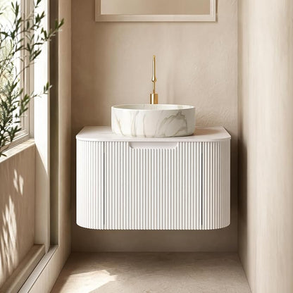 24 Inch Bathroom Vanity with Sink, Floating Wall Mounted Single Sink Vanity for Small Baths, White Curved Fluted Front, Stone Top, Marble-Look Round Vessel Basin, Pre-Assembled