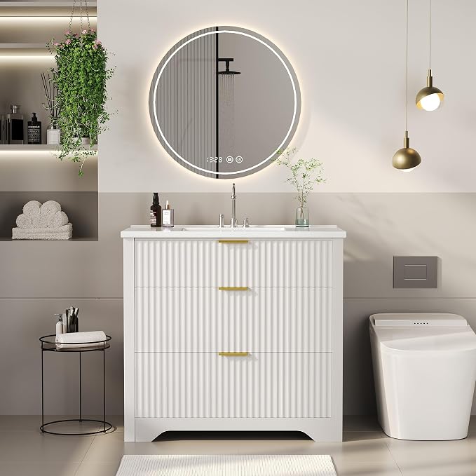 Garvee 36" Fluted Bathroom Vanity with Sink, Farmhouse Freestanding Bathroom Sink Cabinet with 2 Drawers & 1 Flip-Down Drawer, Easy Assembly & Cleaning, White