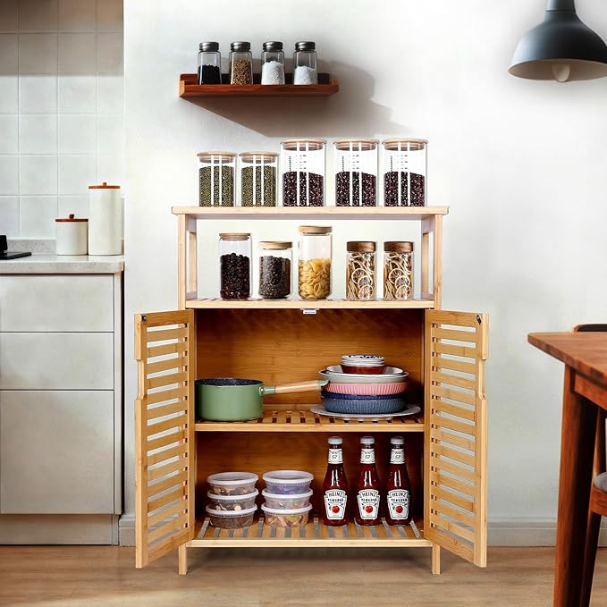 Bamboo Storage Cabinet with Doors, Floor Freestanding Cabinet with Shelves for Bathroom, Kitchen, Living Room