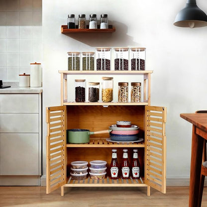Bamboo Storage Cabinet with Doors, Floor Freestanding Cabinet with Shelves for Bathroom, Kitchen, Living Room