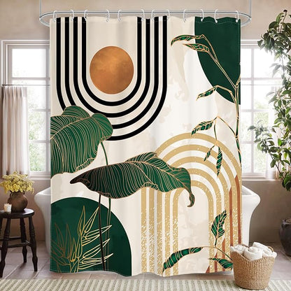 Glawry Green Boho Mid Century Shower Curtain Extra Long Abstract Retro Tropical Palm Tree Plant Sun Arch Minimalist Bathroom Modern 72Wx96L Inches Bath Accessories Art Home Decor Fabric 12 Pack Hooks