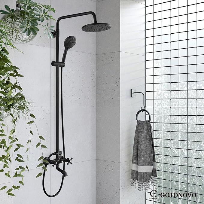 gotonovo Exposed Shower Faucet Set 8 Inch Rainfall Showerhead 3-Function Shower Fixture with Tub Spout 2 Corss Handles Shower System, Matte Black