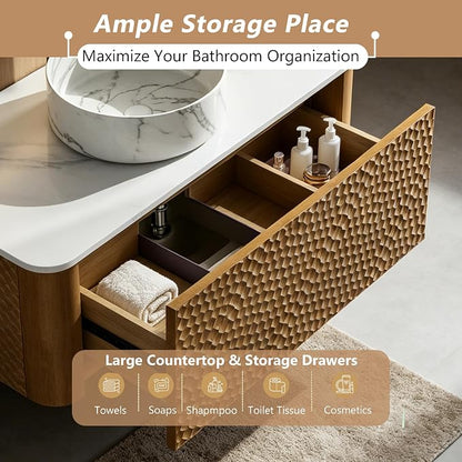 42 Inch Modern Bathroom Vanity with Ceramic Sink, Floating Bathroom Sink Cabinet with Sintered Stone Top&Solid Wood Hammered Frame, Single Bathroom Vanities w/Soft-Close Drawer&Side Open Cube