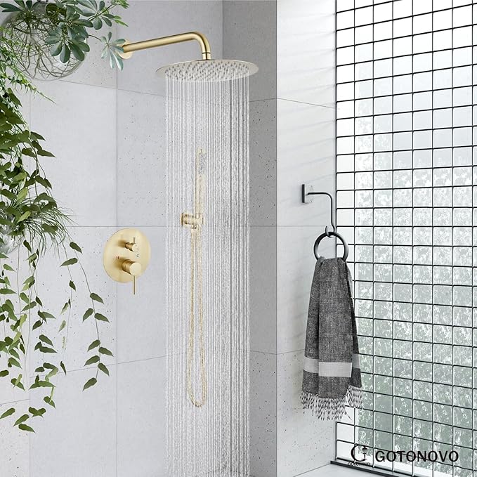 gotonovo Shower System 10 Inch Round Rainfall Showerhead Wall Mounted High Pressure Shower Faucet Set Fixture Combo with Rough in Valve and Cylindrical Handheld Spray, Brushed Gold