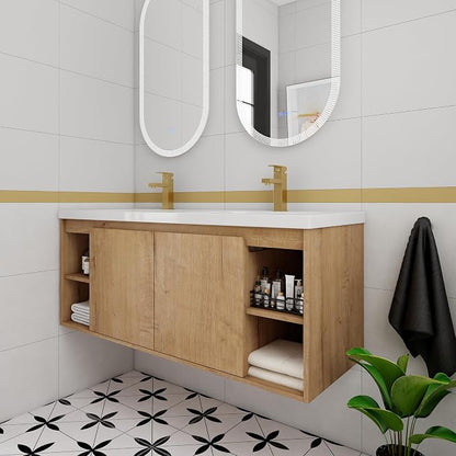 48" Wall Mounted Bathroom Vanity with Double Sink, Imitative Oak | 48 Inch Modern Floating Cabinet with Center Open Shelf & Soft-Close Doors, 2 Resin Basins