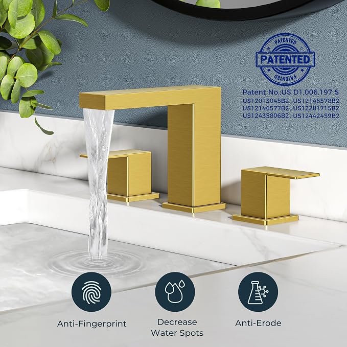 FORIOUS 8" Brushed Gold Bathroom Faucet 3 Hole, Gold Vanity Faucet 3 Holes | CUPC 8 Inch Waterfall Bathroom Faucet Gold,3 Hole Bathroom Sink Faucet Widespread Set for Restroom, Lavatory, Hospitality