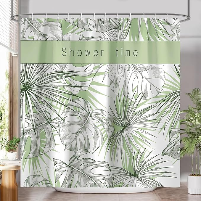 Tropical Leaves Shower Curtain, Green Palm Leaf Botanical Summer Shower Curtain for Bathroom, Waterproof Polyester with 12 Hooks, 72 x 72 Inches
