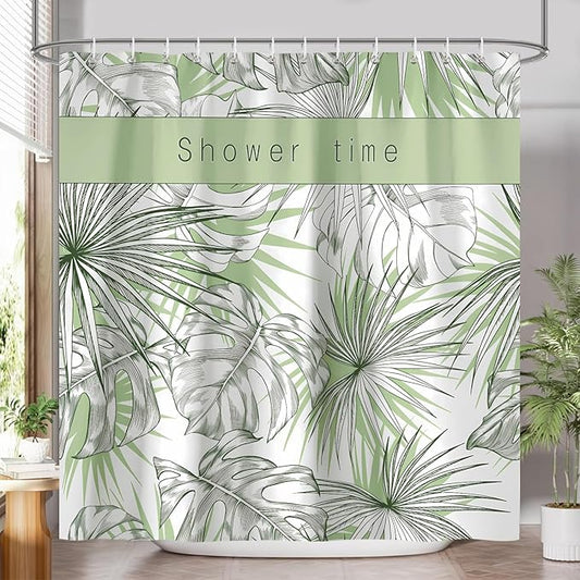 Tropical Leaves Shower Curtain, Green Palm Leaf Botanical Summer Shower Curtain for Bathroom, Waterproof Polyester with 12 Hooks, 72 x 72 Inches