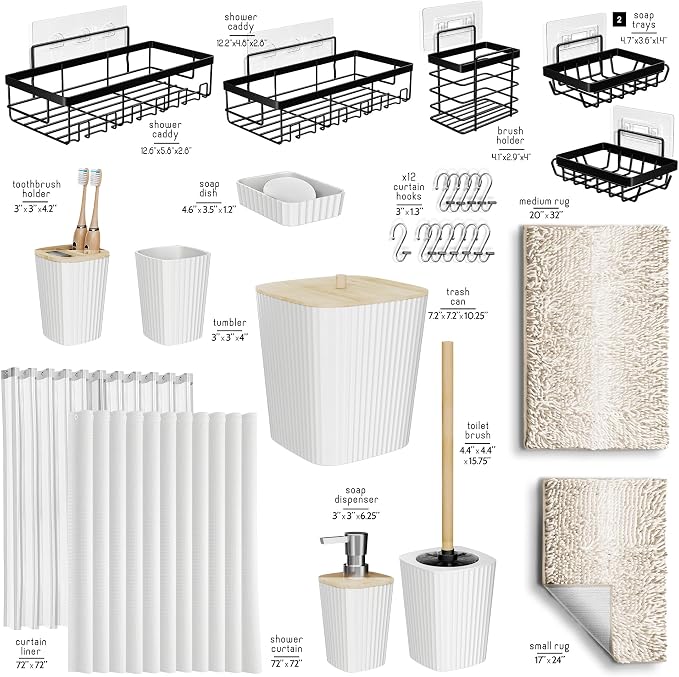 Clara Clark Bathroom Accessories Set - 27PC Bathroom Set with Adhesive Corner Shower Caddy Hanging, Bathroom Sets with Shower Curtain and Rugs, Ombre White Shower Curtain Set with Bathroom Trash Can | 27 Piece Ombre White Bathroom Sets with Shower Curt...