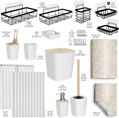 Clara Clark Bathroom Accessories Set - 27PC Bathroom Set with Adhesive Corner Shower Caddy Hanging, Bathroom Sets with Shower Curtain and Rugs, Ombre White Shower Curtain Set with Bathroom Trash Can | 27 Piece Ombre White Bathroom Sets with Shower Curt...