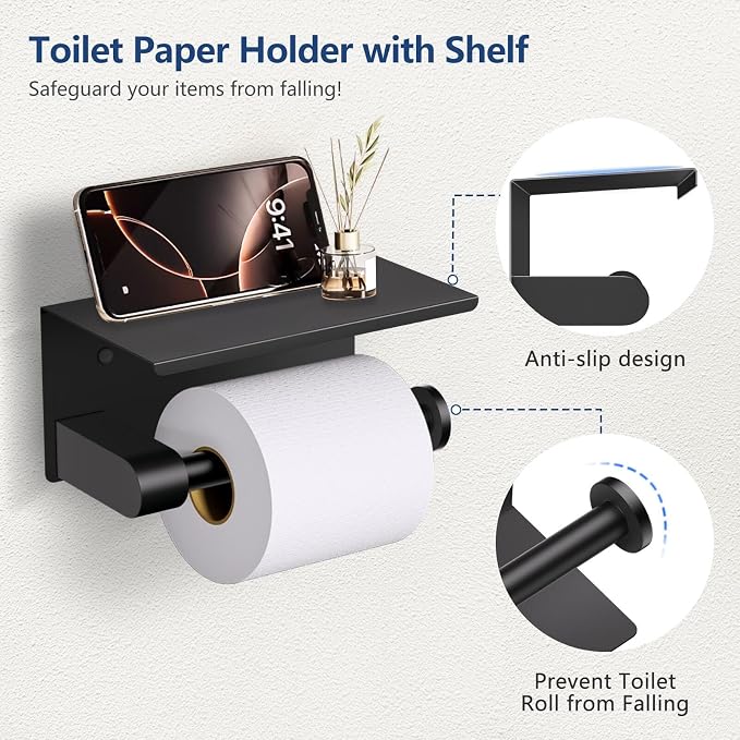 TQKAG Bathroom Hardware Set Black, 5 Piece Bathroom Towel Bar Holder Sets | SUS304 Stainless Steel, 23.6" Toilet Paper Holder with Shelf, Towel Racks for Bathroom Wall Mounted, Matt Black Towel Bars